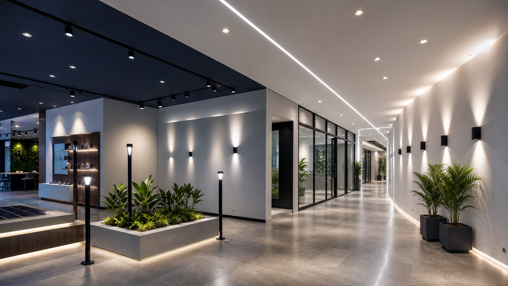 Iluminación LED eficiente en corredor comercial moderno