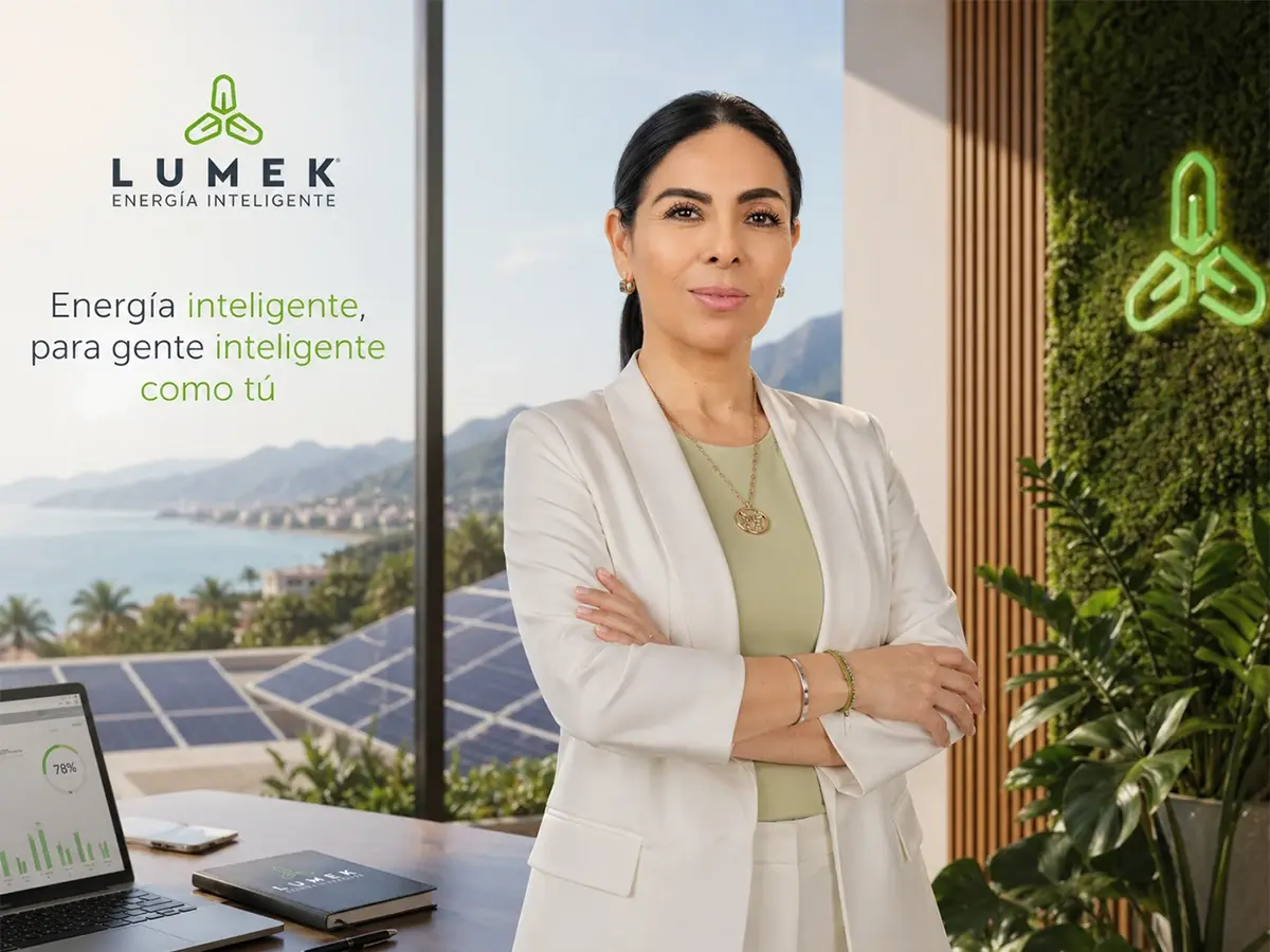 Ejecutiva de LUMEK Energía Inteligente en oficina sostenible
