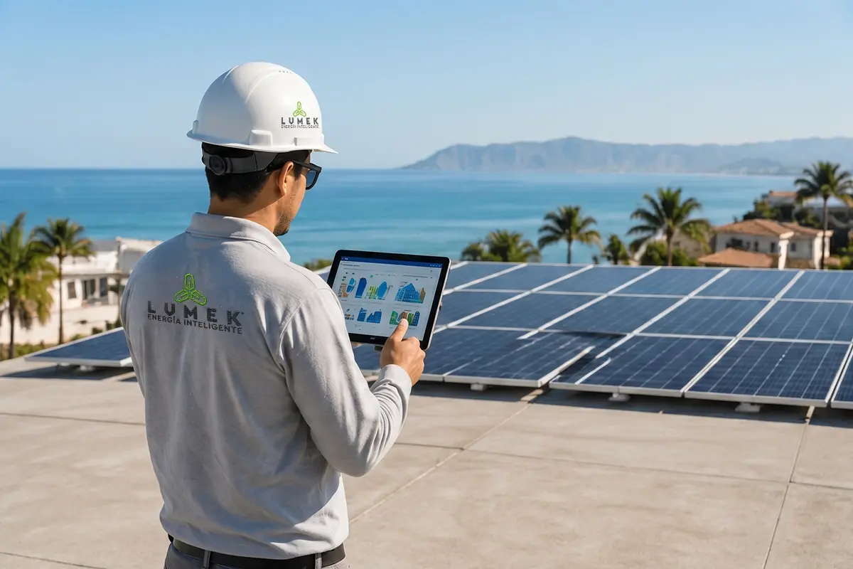 Técnico especializado monitoreando paneles solares